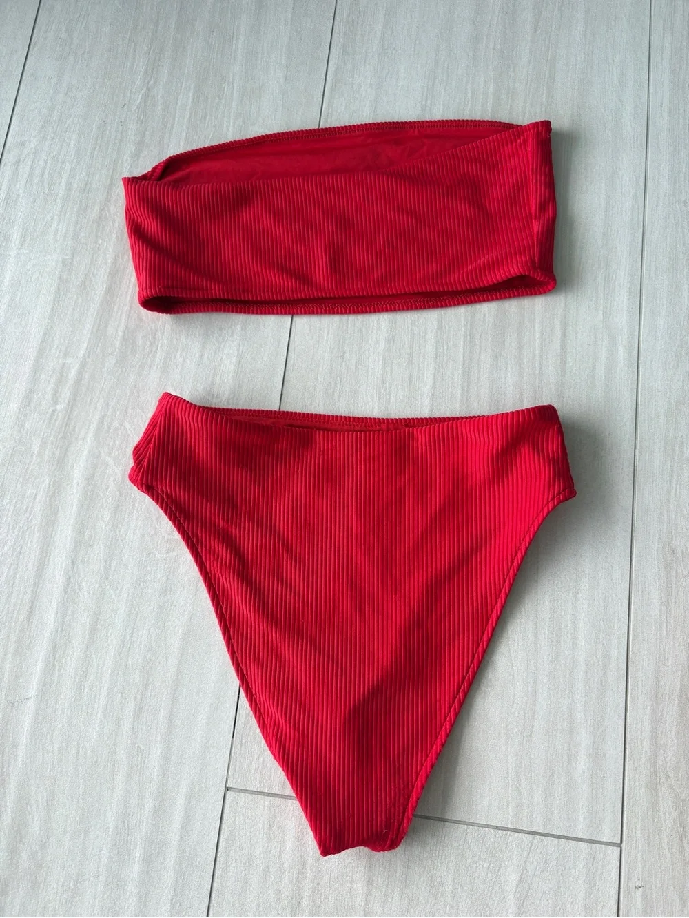 Frankie’s Red Ribbed Bandeau Bikini Set